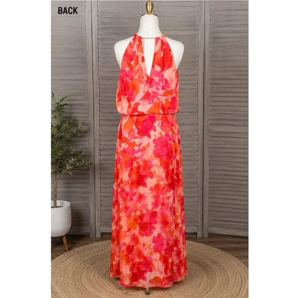 MSK Pink Coral Orange Floral Maxi Dress 12 NWT Rose Gold Hardware Halter $129 - Picture 3 of 10